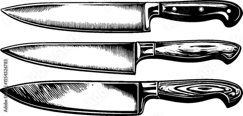 Vintage hand drawn butcher knife set with meat cut texture for kitchen design