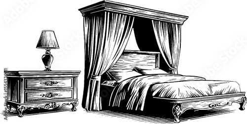 Classic canopy bed and carved nightstand engraving for vintage interior design
