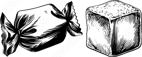 Vintage candy wrapper and sugar cube design for retro packaging or branding