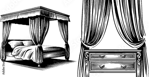 Elegant canopy bed and carved nightstand in classic style for interior design