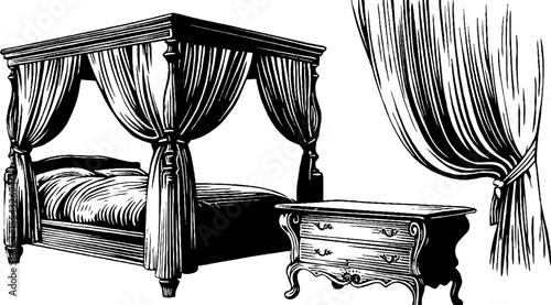 Classic canopy bed and nightstand drawing for vintage interior design