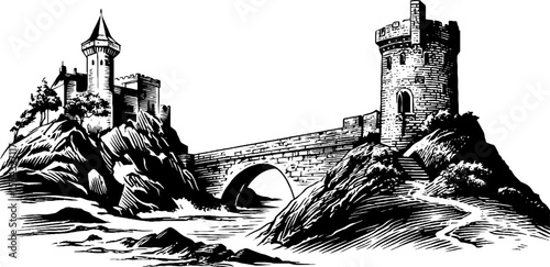 Medieval castle and stone bridge across river for historical map design