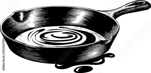 Vintage cast iron skillet with detailed handle and oil spill illustration
