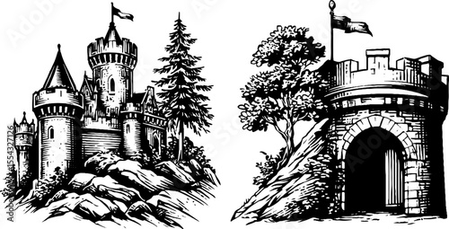 Medieval castle tower and crenellated wall illustration for historical architecture design