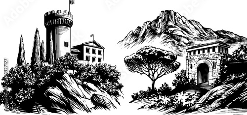 Medieval castle tower and crenellated wall illustration for historical design