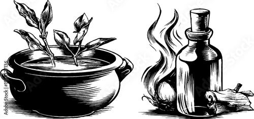 Magical cauldron and potion bottle with herbs and flame for halloween design