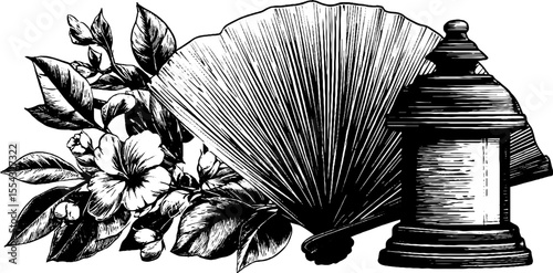 Elegant ceremonial fan with floral garland and ornamental prayer lantern illustration