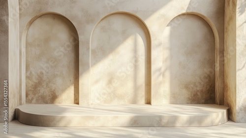 Fototapeta Naklejka Na Ścianę i Meble -  Beige stucco wall with three arched niches and a platform, sunlit.