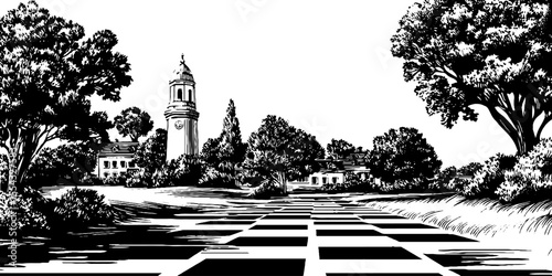Vintage checkerboard pathway in scenic park with tower and trees for retro design