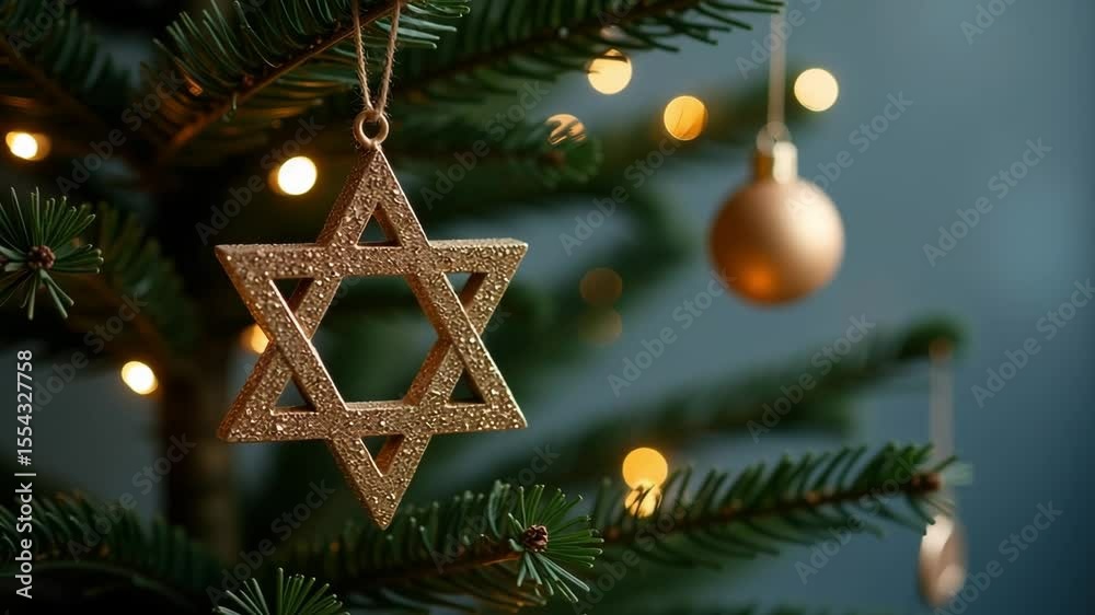 Close-up of a hexagonal star in the form of a decoration on a Hanukkah bush on the right side, a star of David on a Christmas tree