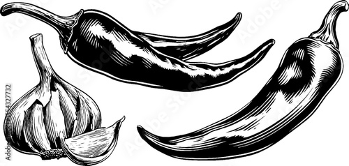 Chili flakes and broken pod with heat wave silhouette for spicy cooking designs
