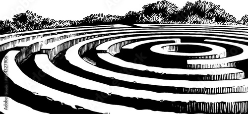 Intricate circular labyrinth design with radial segments for puzzles and mazes