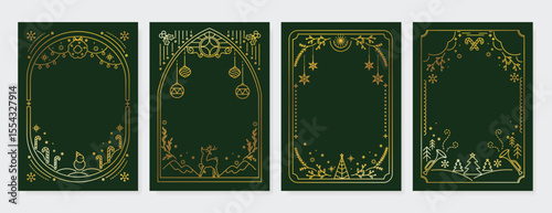 Christmas Frame Luxury Happy Holidays invitation card design vector. Minimal Happy New Year, Christmas tree, bauble ball, reindeer on green background. Design for Season's Greeting, cover.