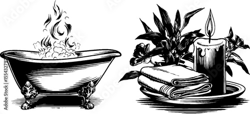 Vintage bath scene with clawfoot bathtub, steam, candle, and folded towels for spa design