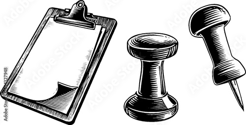 Vintage black and white clipboard and memo sheet with pushpin sketch for office decor