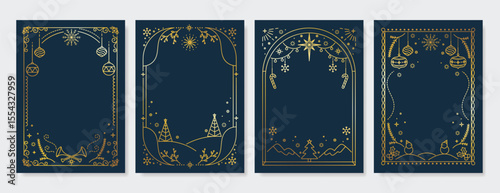 Christmas Frame Luxury Happy Holidays invitation card design vector. Minimal Happy New Year, Christmas tree, bauble ball, leaf on navy blue background. Design for Season's Greeting, Christmas, cover.
