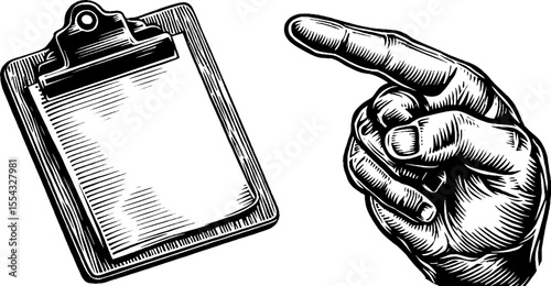 Vintage hand drawn clipboard and pointing hand illustration for retro design projects