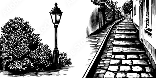 Vintage cobbled street and ornamental streetlight sketch for retro design