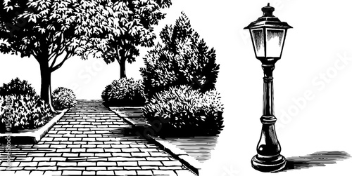 Vintage cobblestone street and ornamental streetlight sketch for retro design