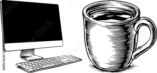 Vintage coffee mug and computer setup for office decor and design inspiration