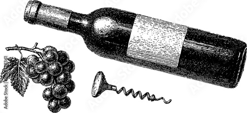 Vintage wine elements with bottle, corkscrew, and grapes for elegant decor