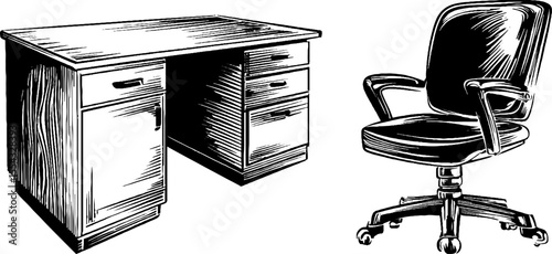 Vintage hand drawn corner desk and rolling chair wheel silhouette for retro design