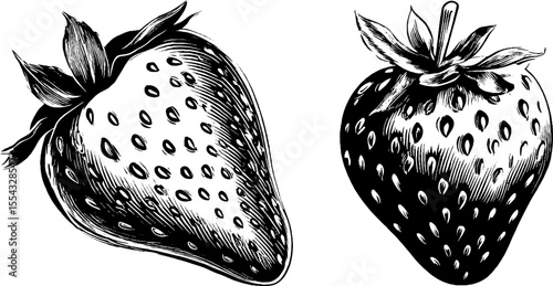 Vintage hand drawn strawberry sketch with powdered sugar for culinary art and retro design