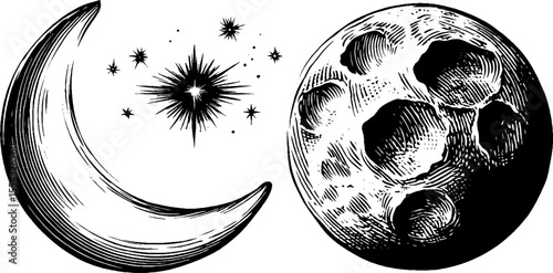 Vintage moon and star sketch with cratered surface illustration for design