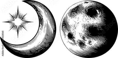 Celestial crescent moon and cratered lunar surface with star design