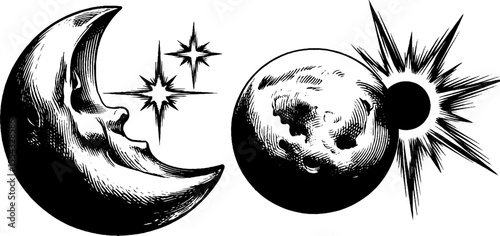Celestial skies: crescent moon, full moon, and starburst design for artistic projects
