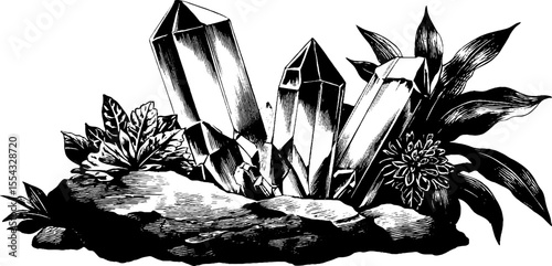 Set of crystal clusters and polished quartz with jagged edges for design
