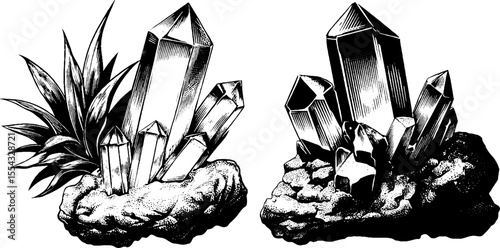 Vintage hand drawn crystal clusters and polished quartz sketch for retro design
