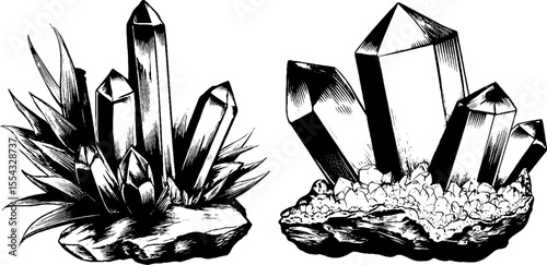 Hand drawn crystal cluster and quartz shard sketch for retro design