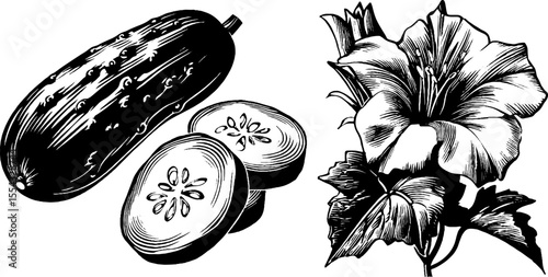 Detailed retro sketch of whole cucumber slices and floral element for design