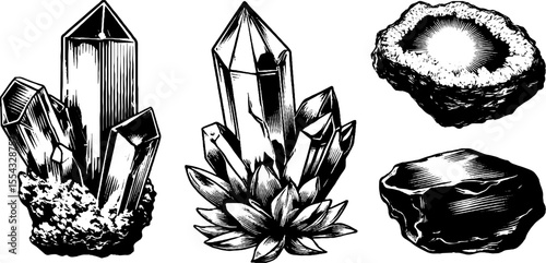 Hand drawn crystal cluster and quartz shard sketch for design decor