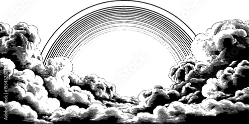 Vintage cloudscape with cumulus clouds and contrail arc in retro engraving style
