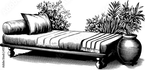 Boho style daybed with plush textile layering and lush greenery accents for elegant decor