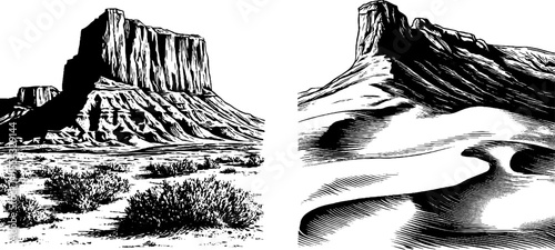 Hand drawn desert canyon and sand dune ripple silhouette engraving for retro design
