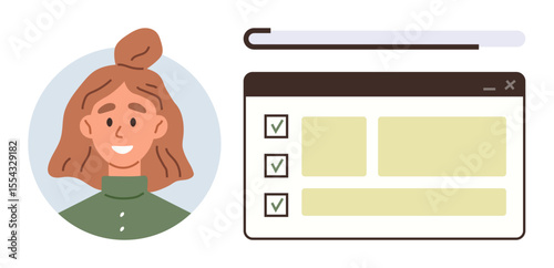 Smiling woman next to checklist interface with completed tasks, progress bar, and sections. Ideal for productivity, planning, motivation, teamwork, learning, organization simple flat metaphor