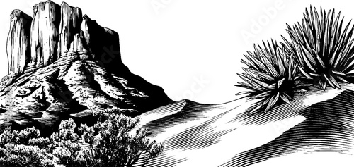 Desert canyon and sand dunes engraving - nature scene for vintage art and design
