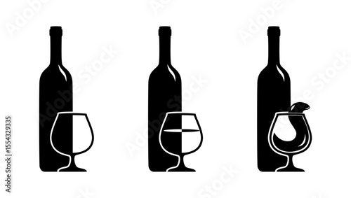 Wine glass with bottle, black isolated silhouette