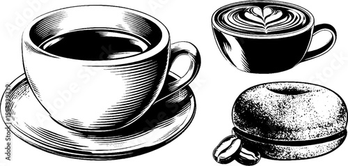 Vintage coffee cups and bagel sketch: perfect for cafe decor or retro design