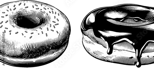 Hand drawn donut designs with icing drips and sprinkles for retro food art