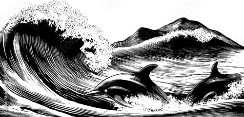 Dolphins in ocean waves with mountain backdrop for nautical design