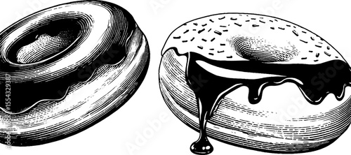 Vintage hand-drawn donuts with icing drip and sprinkles for retro design