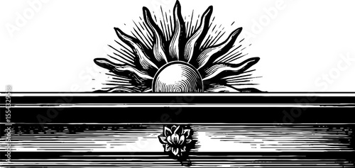 Ebony sideboard with sunburst inlay design in vintage hand drawn style