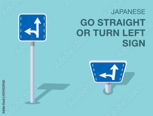 Traffic regulation rules. Isolated japanese "go straight or turn left" road sign. Front and top view. Flat vector illustration template.