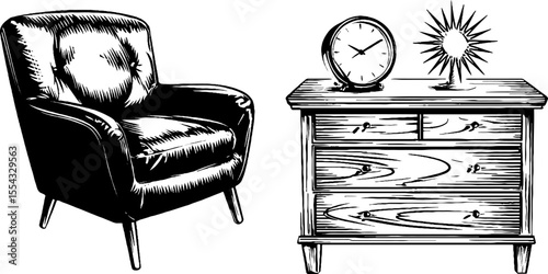 Retro egg chair and wood sideboard design for interior decor inspiration