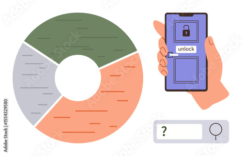 Smartphone unlocking animation with a lock icon, a segmented pie chart showcasing data analysis, and a search bar with a question mark. Ideal for technology, security, data, analytics, inquiry