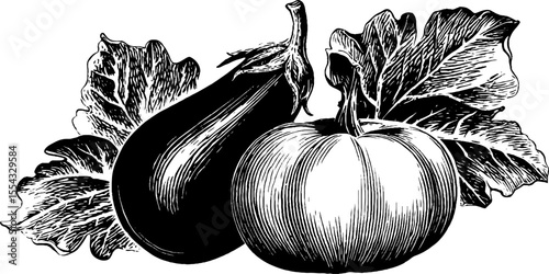 Eggplant and pumpkin with leaves botanical design for decor and prints